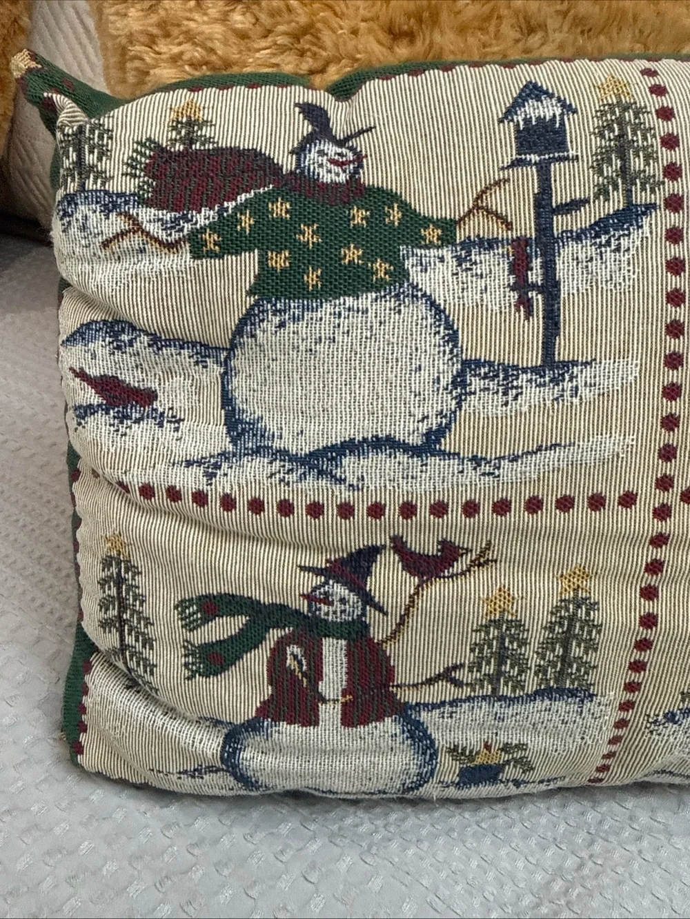 Festive Snowman Tapestry Accent Pillow - Green and Cream